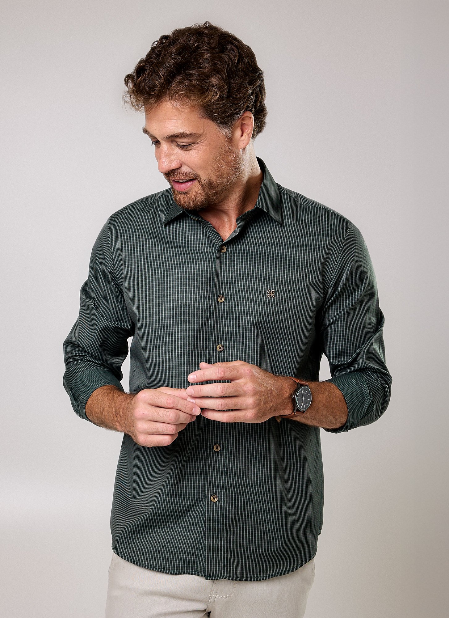 Camisa Manga Longa Masculina Slim Gael Micro Xadrez Verde