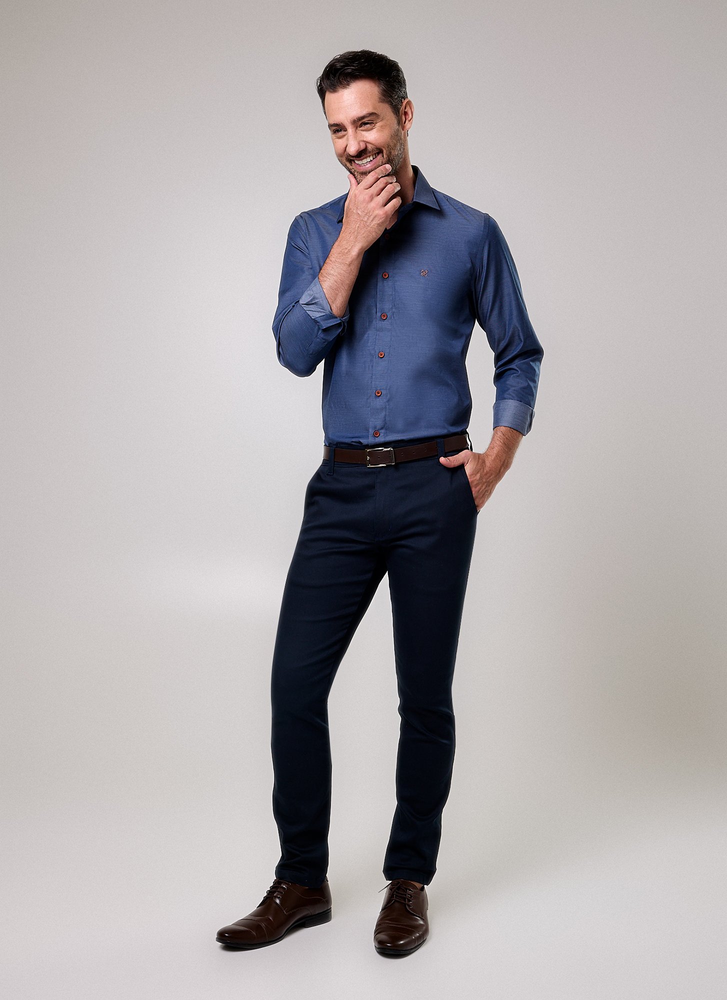Camisa Manga Longa Masculina Slim Kaique Azul Jeans