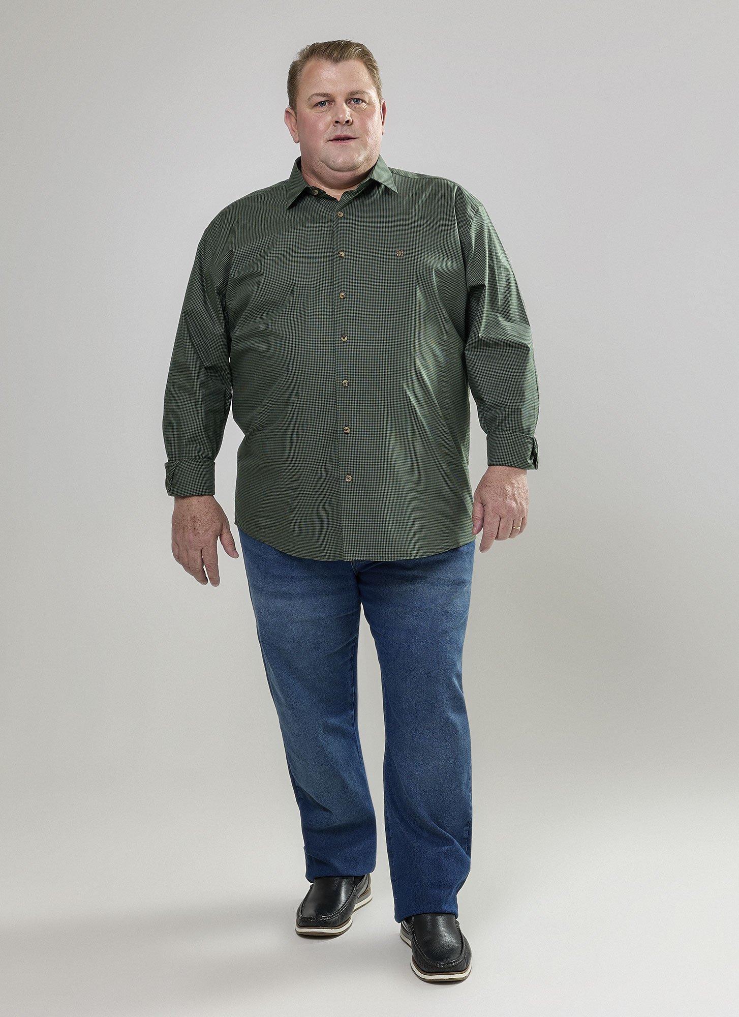 Camisa Manga Longa Plus Size Gael Micro Xadrez Verde